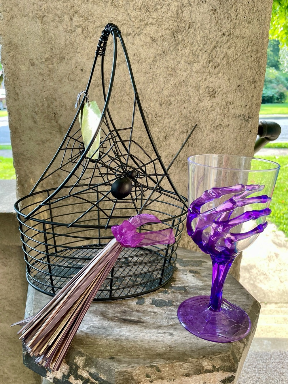 Halloween Party Decor / Wire Basket, Broomstick and Skeleton Wine Goblet (NEW)